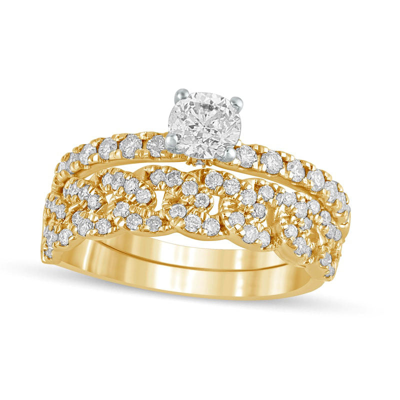 Image of ID 1 10 CT TW Natural Diamond Cuban Curb Chain Link Bridal Engagement Ring Set in Solid 10K Yellow Gold