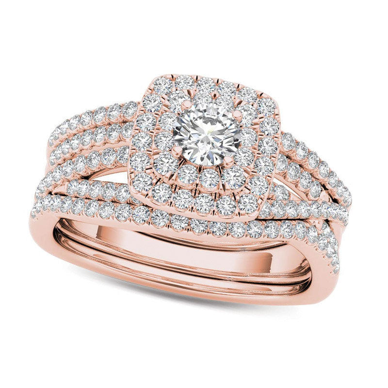Image of ID 1 10 CT TW Natural Diamond Cushion Double Frame Woven Three Piece Bridal Engagement Ring Set in Solid 14K Rose Gold