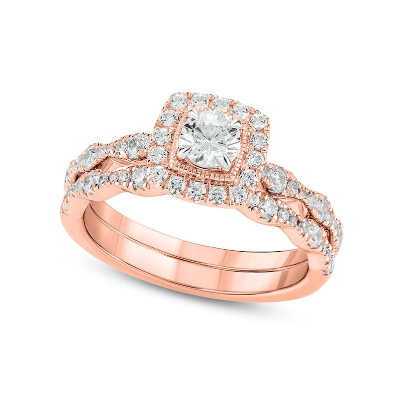 Image of ID 1 10 CT TW Natural Diamond Cushion Frame Art Deco Antique Vintage-Style Bridal Engagement Ring Set in Solid 10K Rose Gold