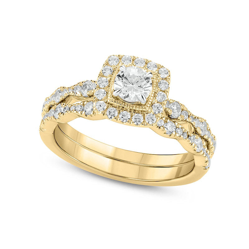 Image of ID 1 10 CT TW Natural Diamond Cushion Frame Art Deco Antique Vintage-Style Bridal Engagement Ring Set in Solid 10K Yellow Gold