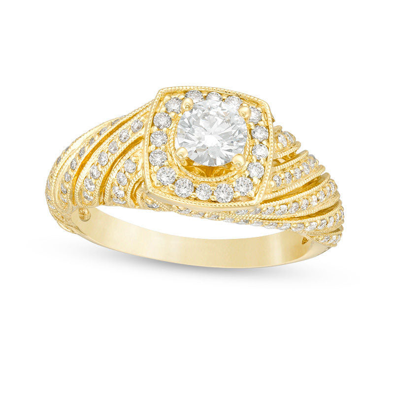 Image of ID 1 10 CT TW Natural Diamond Cushion Frame Spiral Shank Antique Vintage-Style Engagement Ring in Solid 10K Yellow Gold