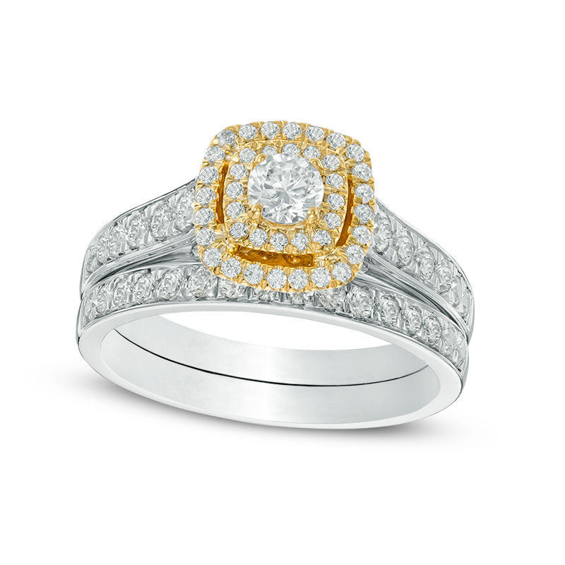 Image of ID 1 10 CT TW Natural Diamond Double Cushion Frame Bridal Engagement Ring Set in Solid 10K Two-Tone Gold