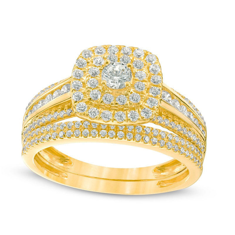 Image of ID 1 10 CT TW Natural Diamond Double Cushion Frame Bridal Engagement Ring Set in Solid 10K Yellow Gold