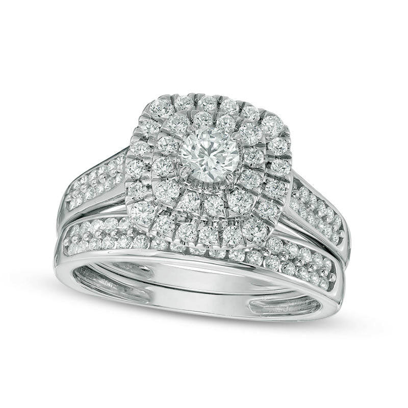 Image of ID 1 10 CT TW Natural Diamond Double Cushion Frame Bridal Engagement Ring Set in Solid 14K White Gold