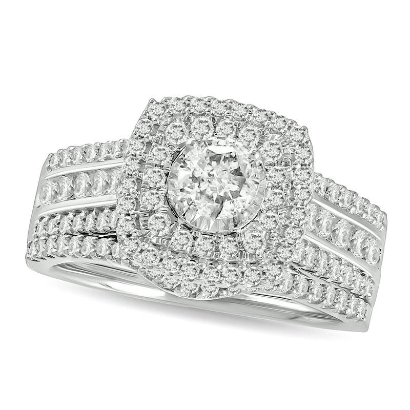 Image of ID 1 10 CT TW Natural Diamond Double Cushion Frame Multi-Row Bridal Engagement Ring Set in Solid 10K White Gold