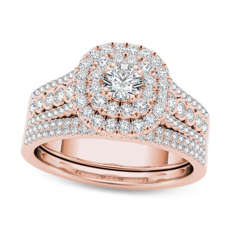 Image of ID 1 10 CT TW Natural Diamond Double Cushion Frame Multi-Row Bridal Engagement Ring Set in Solid 14K Rose Gold