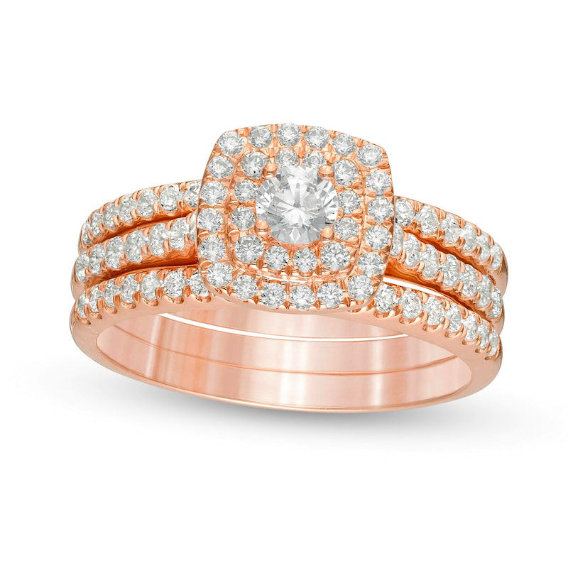 Image of ID 1 10 CT TW Natural Diamond Double Cushion Frame Three Piece Bridal Engagement Ring Set in Solid 10K Rose Gold