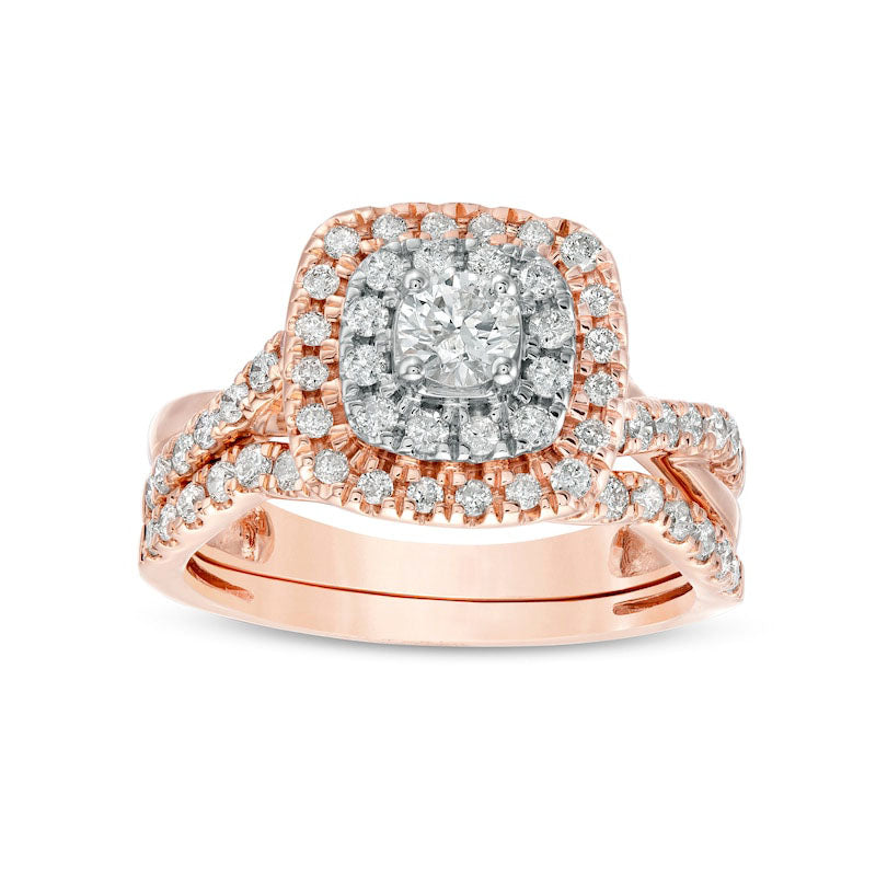 Image of ID 1 10 CT TW Natural Diamond Double Cushion-Shaped Frame Crossover Bridal Engagement Ring Set in Solid 10K Rose Gold