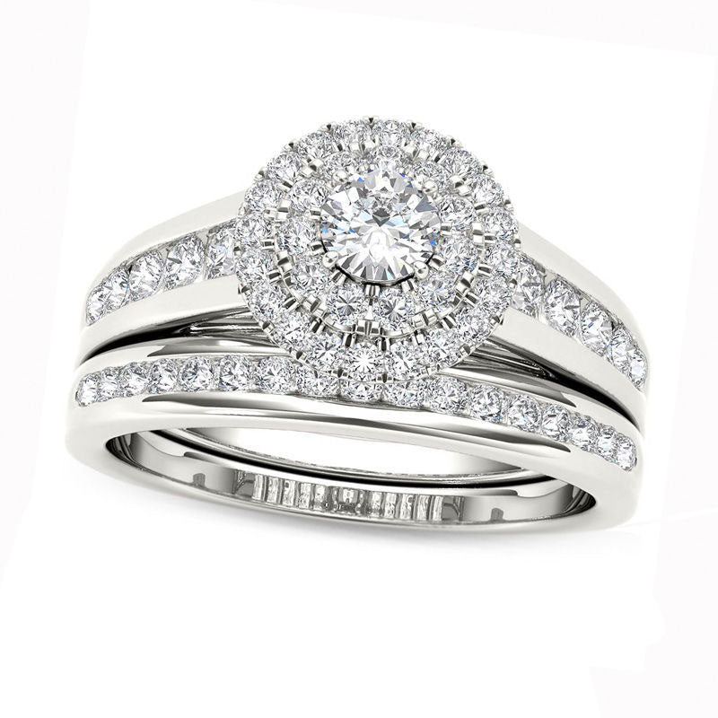 Image of ID 1 10 CT TW Natural Diamond Double Frame Bridal Engagement Ring Set in Solid 14K White Gold