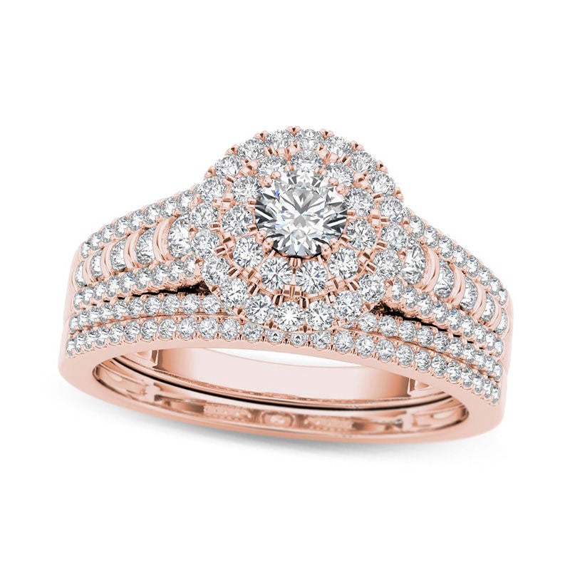 Image of ID 1 10 CT TW Natural Diamond Double Frame Multi-Row Bridal Engagement Ring Set in Solid 14K Rose Gold
