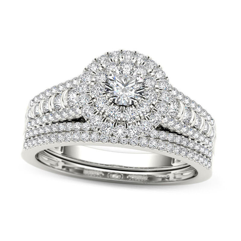 Image of ID 1 10 CT TW Natural Diamond Double Frame Multi-Row Bridal Engagement Ring Set in Solid 14K White Gold