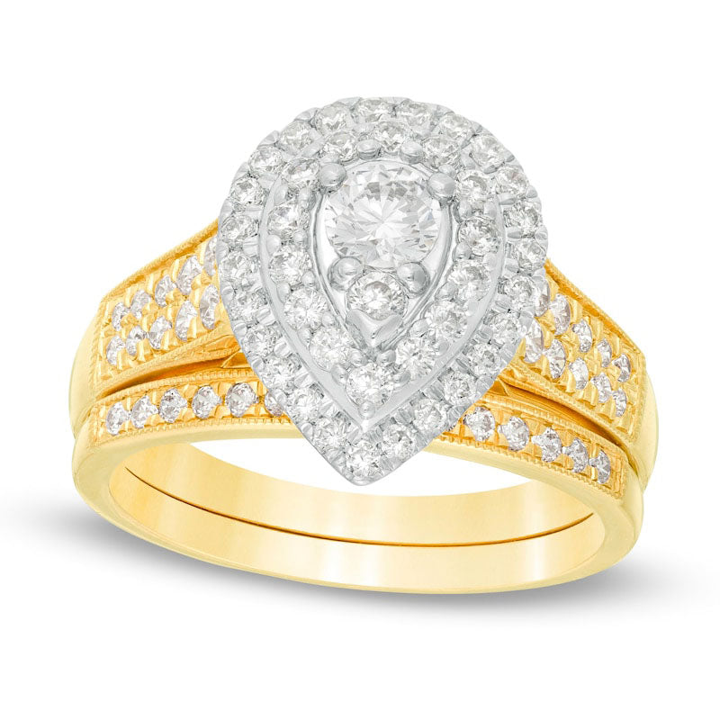 Image of ID 1 10 CT TW Natural Diamond Double Pear-Shaped Frame Antique Vintage-Style Bridal Engagement Ring Set in Solid 14K Gold