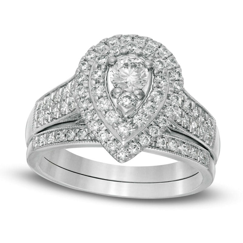 Image of ID 1 10 CT TW Natural Diamond Double Pear-Shaped Frame Antique Vintage-Style Bridal Engagement Ring Set in Solid 14K White Gold