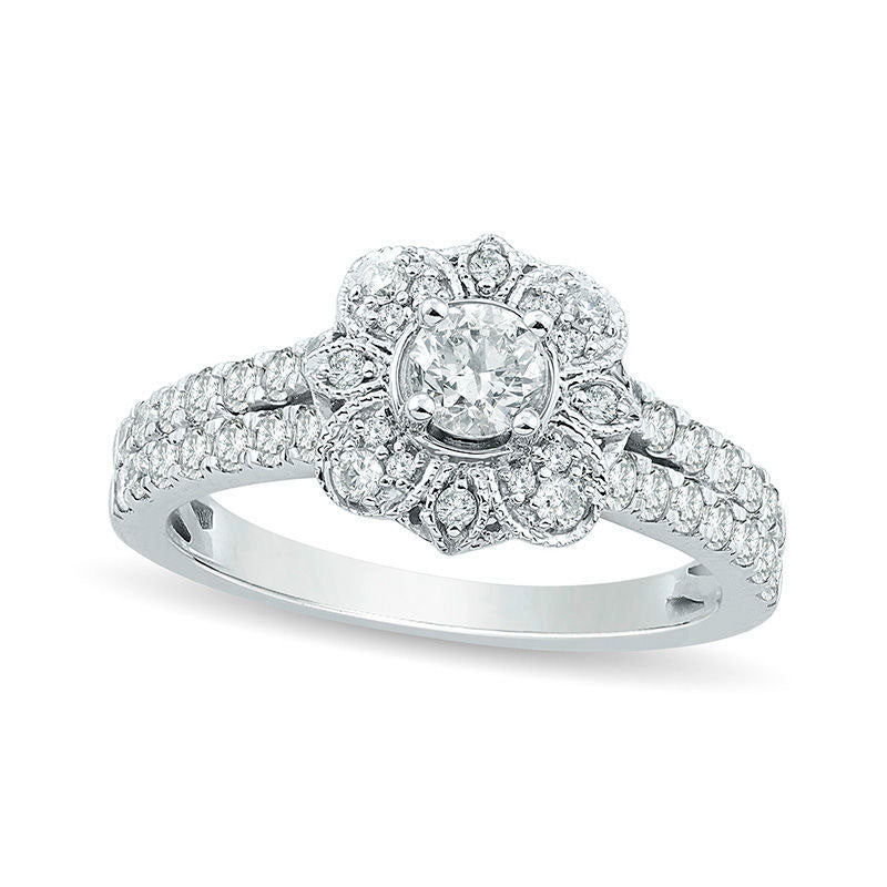 Image of ID 1 10 CT TW Natural Diamond Flower Antique Vintage-Style Engagement Ring in Solid 14K White Gold