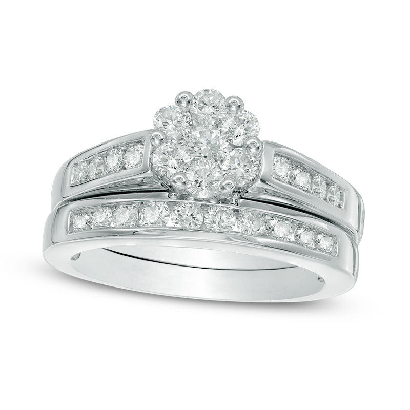 Image of ID 1 10 CT TW Natural Diamond Flower Bridal Engagement Ring Set in Solid 10K White Gold