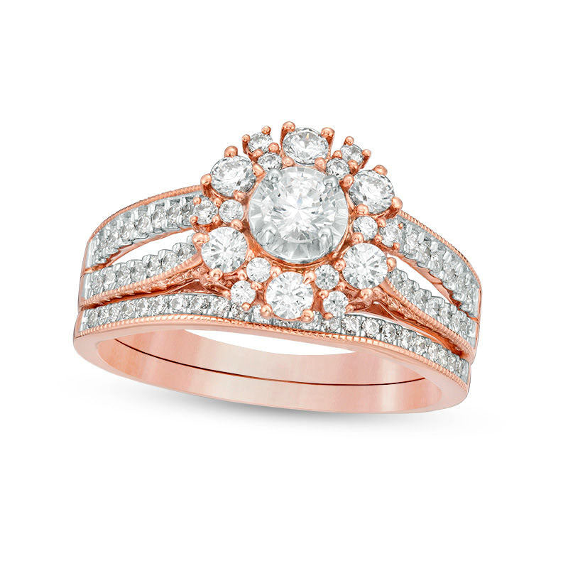 Image of ID 1 10 CT TW Natural Diamond Flower Frame Antique Vintage-Style Bridal Engagement Ring Set in Solid 10K Rose Gold