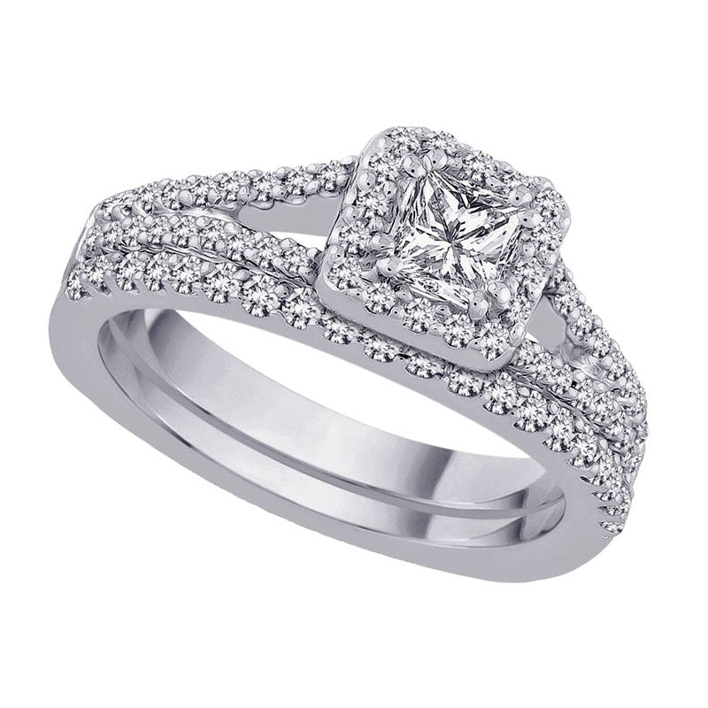 Image of ID 1 10 CT TW Natural Diamond Frame Bridal Engagement Ring Set in Solid 14K White Gold