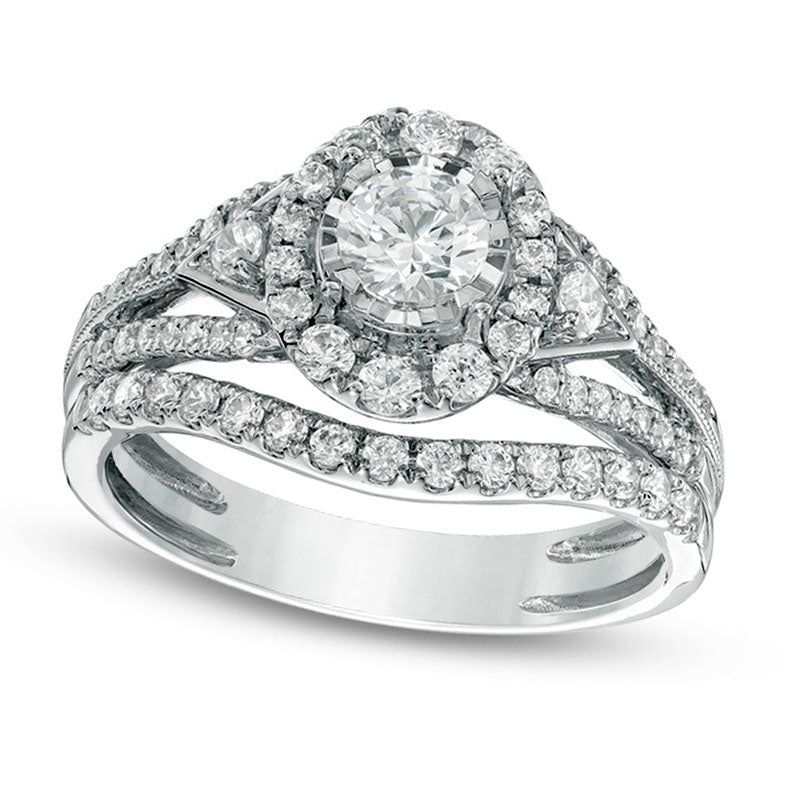 Image of ID 1 10 CT TW Natural Diamond Frame Tri-Sides Split Shank Bridal Engagement Ring Set in Solid 14K White Gold
