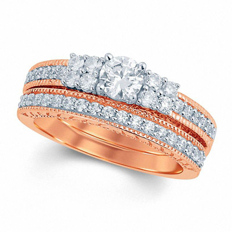 Image of ID 1 10 CT TW Natural Diamond Quad-Collared Bridal Engagement Ring Set in Solid 14K Rose Gold
