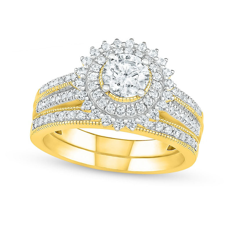 Image of ID 1 10 CT TW Natural Diamond Sunburst Frame Antique Vintage-Style Bridal Engagement Ring Set in Solid 10K Yellow Gold