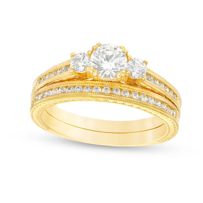 Image of ID 1 10 CT TW Natural Diamond Three Stone Antique Vintage-Style Bridal Engagement Ring Set in Solid 14K Gold