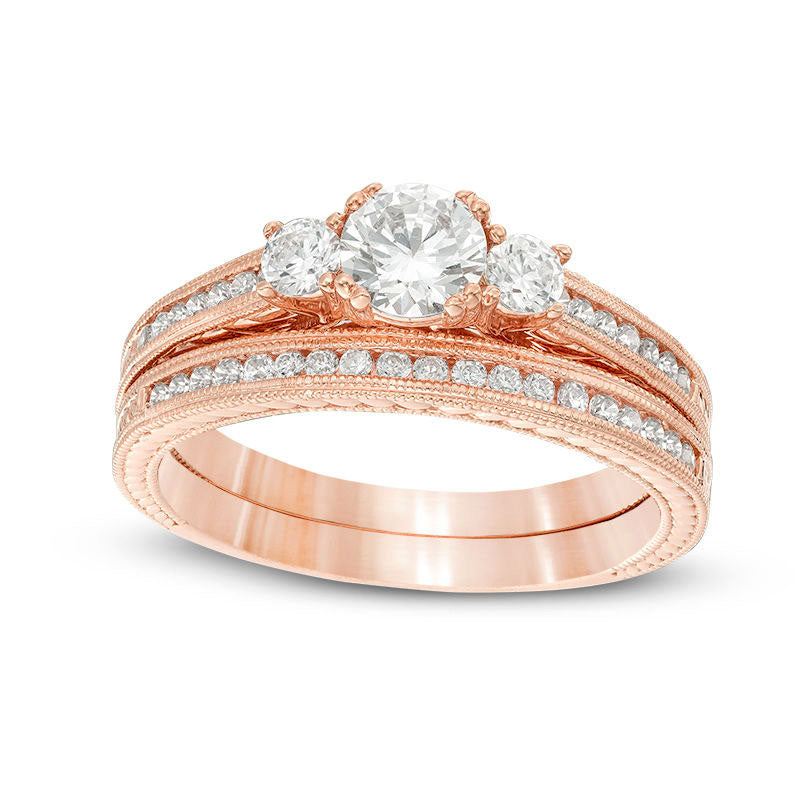 Image of ID 1 10 CT TW Natural Diamond Three Stone Antique Vintage-Style Bridal Engagement Ring Set in Solid 14K Rose Gold
