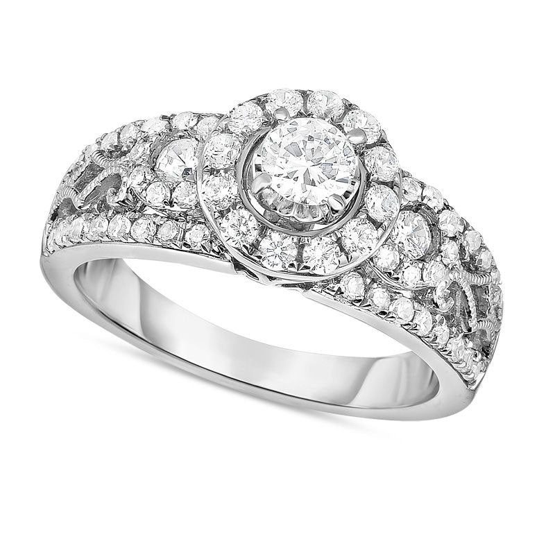 Image of ID 1 10 CT TW Natural Diamond Three Stone Frame Lattice Shank Engagement Ring in Solid 14K White Gold