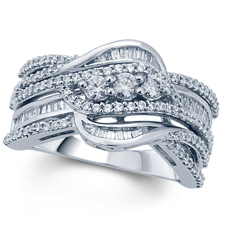 Image of ID 1 10 CT TW Natural Diamond Three Stone Layered Crossover Ring in Solid 10K White Gold