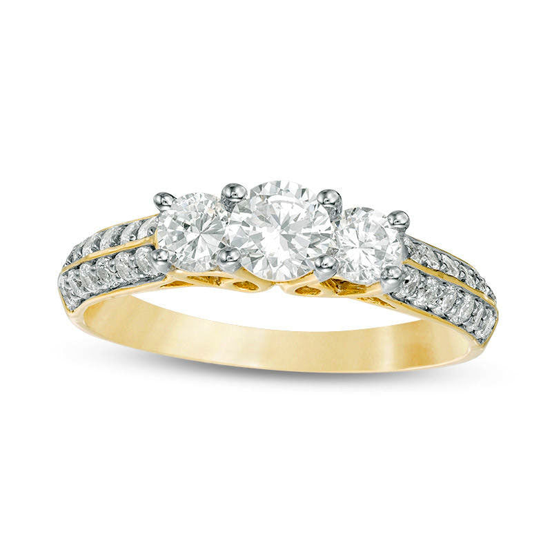 Image of ID 1 10 CT TW Natural Diamond Three Stone Two Row Engagement Ring in Solid 10K Yellow Gold