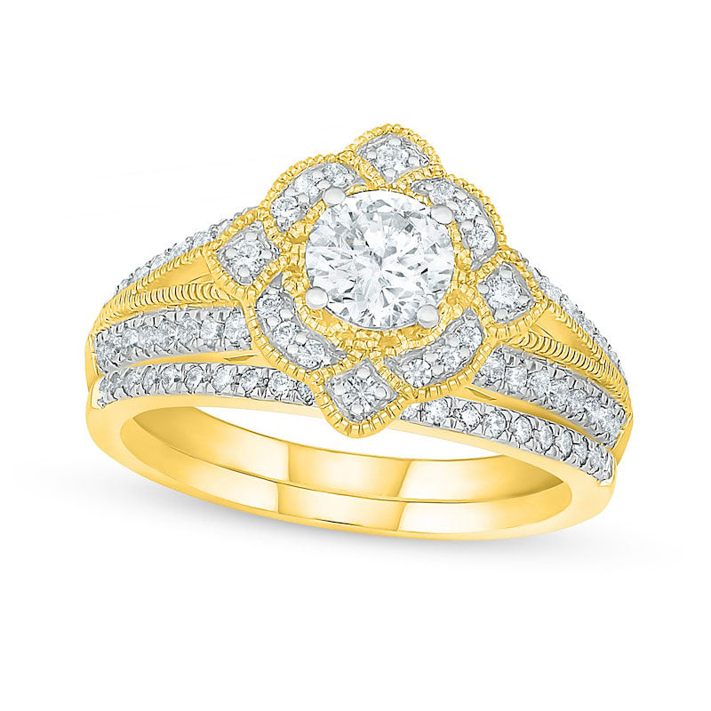 Image of ID 1 10 CT TW Natural Diamond Tilted Frame Antique Vintage-Style Bridal Engagement Ring Set in Solid 10K Yellow Gold