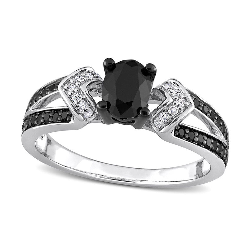 Image of ID 1 10 CT TW Oval Black Enhanced and White Natural Diamond Collar Antique Vintage-Style Split Shank Ring in Sterling Silver