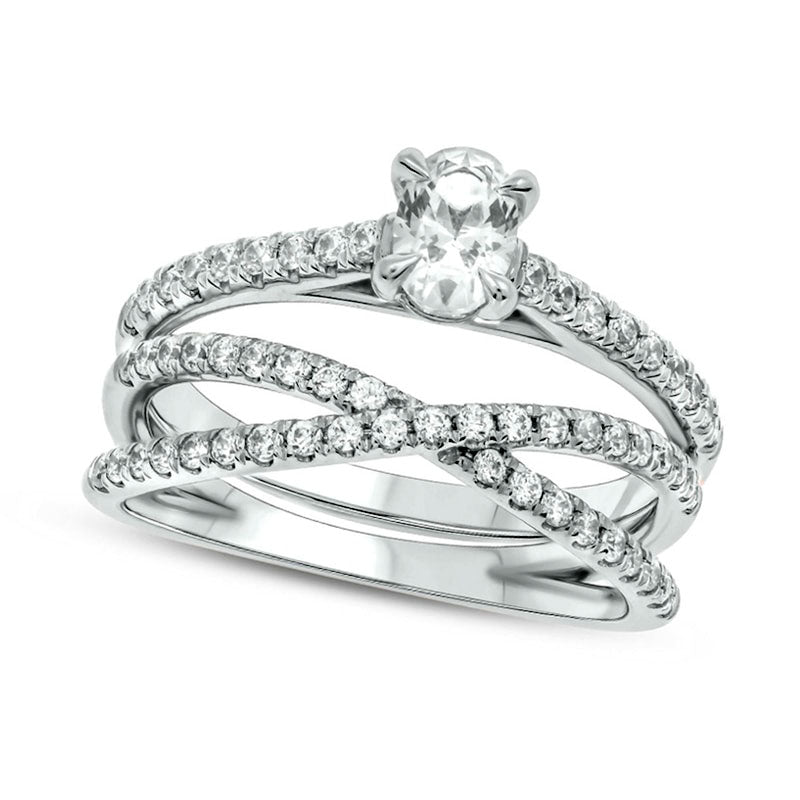 Image of ID 1 10 CT TW Oval Natural Diamond Crossover Bridal Engagement Ring Set in Solid 10K White Gold