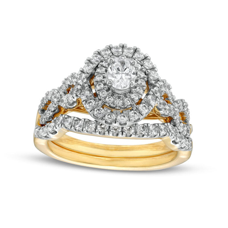 Image of ID 1 10 CT TW Oval Natural Diamond Double Frame Twist Shank Bridal Engagement Ring Set in Solid 14K Gold