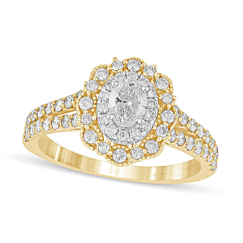 Image of ID 1 10 CT TW Oval Natural Diamond Double Scallop Frame Antique Vintage-Style Engagement Ring in Solid 14K Gold