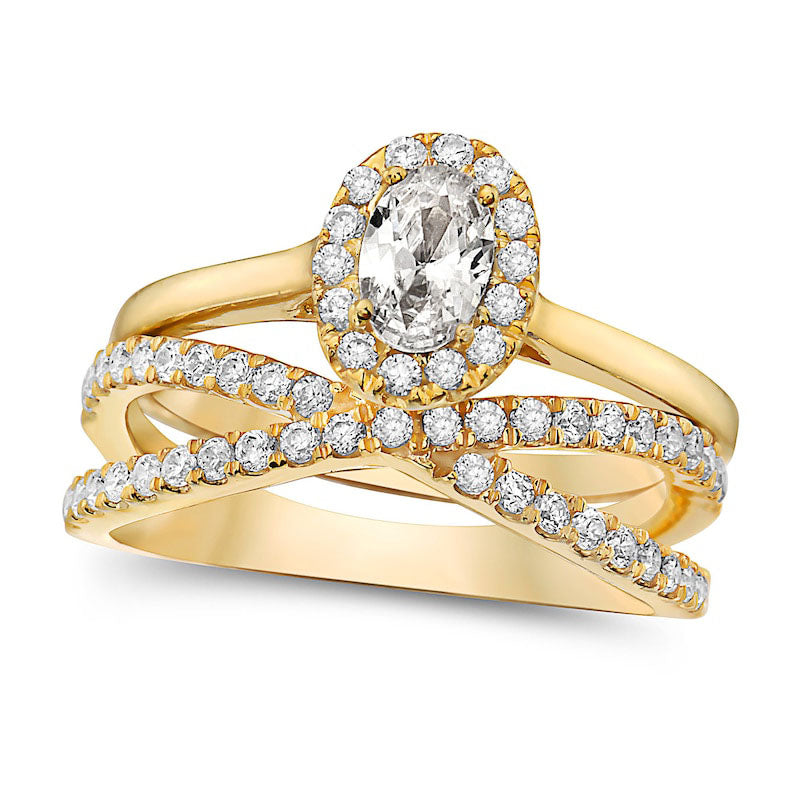 Image of ID 1 10 CT TW Oval Natural Diamond Frame Criss-Cross Bridal Engagement Ring Set in Solid 14K Gold