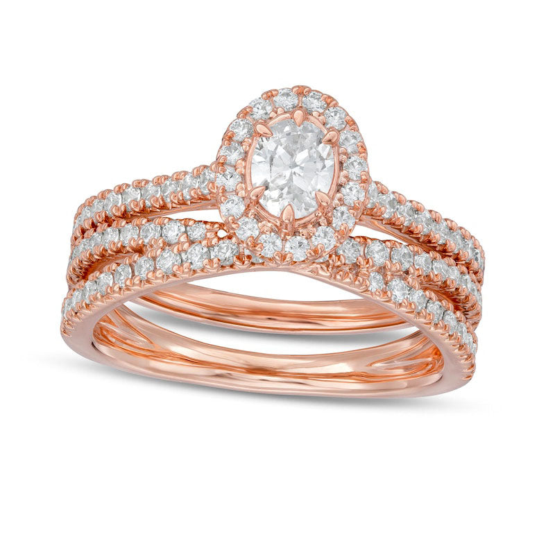 Image of ID 1 10 CT TW Oval Natural Diamond Frame Crossover Bridal Engagement Ring Set in Solid 14K Rose Gold