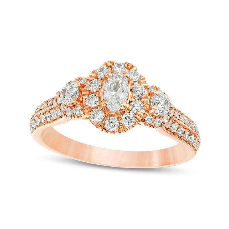 Image of ID 1 10 CT TW Oval Natural Diamond Frame Three Stone Double Row Engagement Ring in Solid 14K Rose Gold