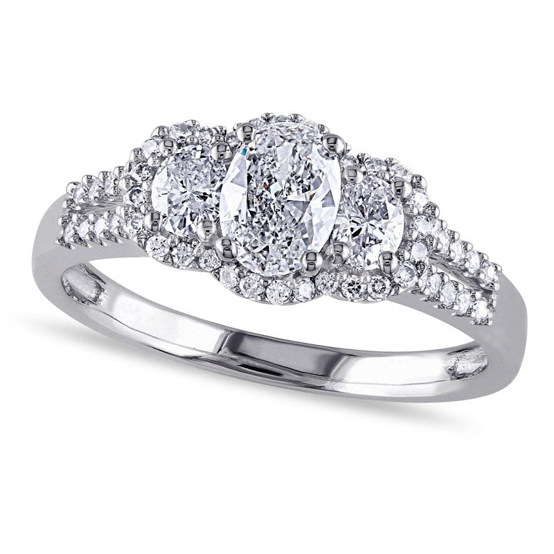 Image of ID 1 10 CT TW Oval Natural Diamond Frame Three Stone Double Row Engagement Ring in Solid 14K White Gold