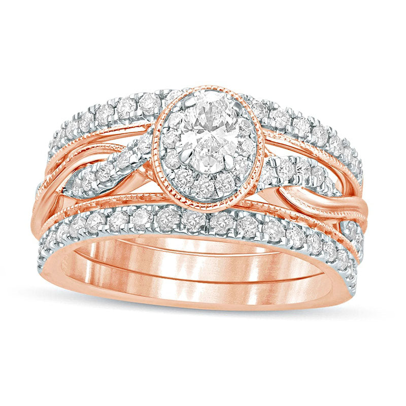 Image of ID 1 10 CT TW Oval Natural Diamond Frame Twist Shank Antique Vintage-Style Bridal Engagement Ring Set in Solid 14K Rose Gold