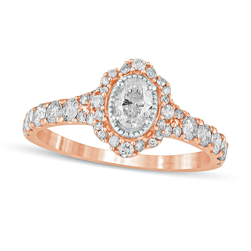 Image of ID 1 10 CT TW Oval Natural Diamond Scallop Frame Antique Vintage-Style Engagement Ring in Solid 14K Rose Gold