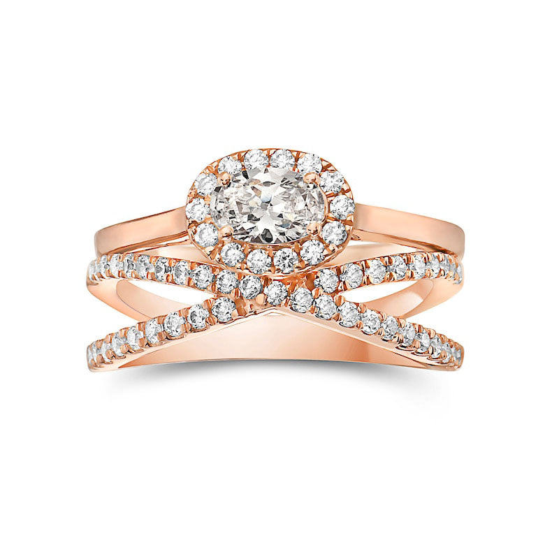 Image of ID 1 10 CT TW Oval Natural Diamond Sideways Frame Criss-Cross Bridal Engagement Ring Set in Solid 14K Rose Gold