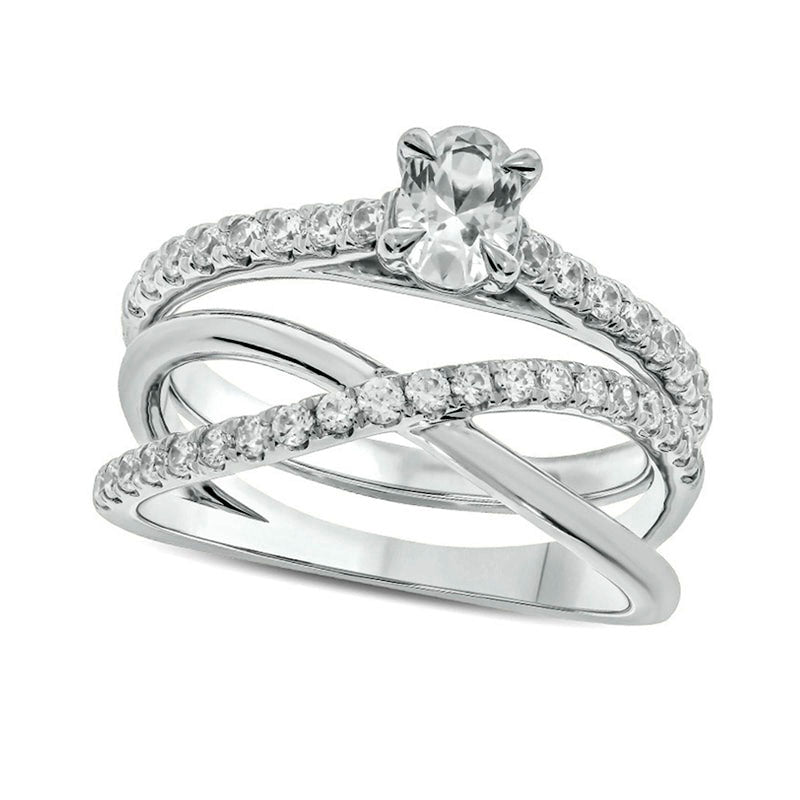 Image of ID 1 10 CT TW Oval Natural Diamond Slant Bridal Engagement Ring Set in Solid 10K White Gold