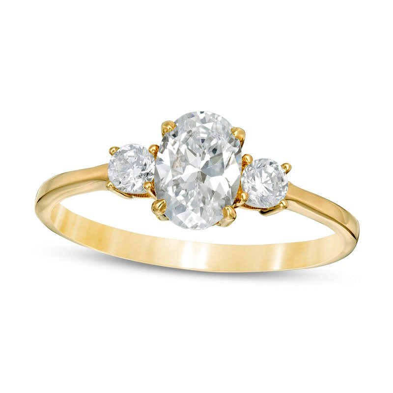 Image of ID 1 10 CT TW Oval and Round Natural Diamond Three Stone Engagement Ring in Solid 14K Gold