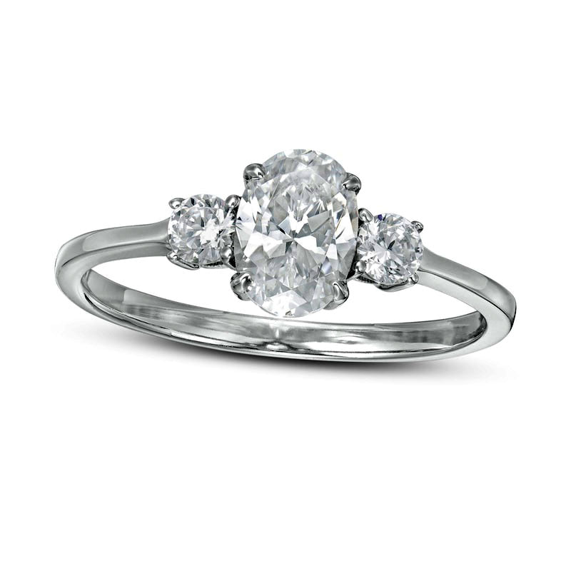 Image of ID 1 10 CT TW Oval and Round Natural Diamond Three Stone Engagement Ring in Solid 14K White Gold