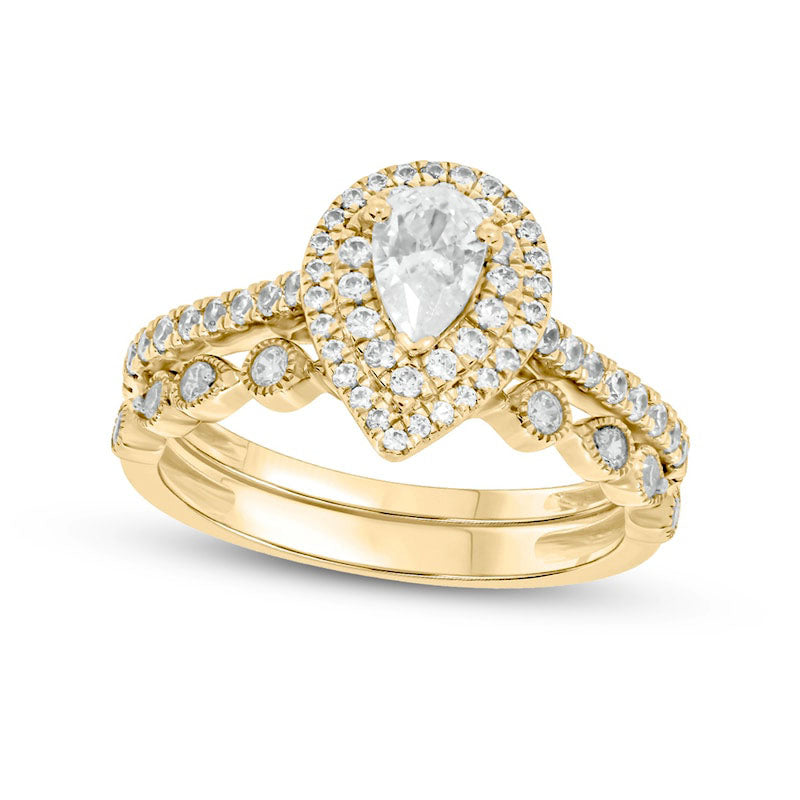 Image of ID 1 10 CT TW Pear-Shaped Natural Diamond Double Frame Antique Vintage-Style Bridal Engagement Ring Set in Solid 10K Yellow Gold (I/I2)