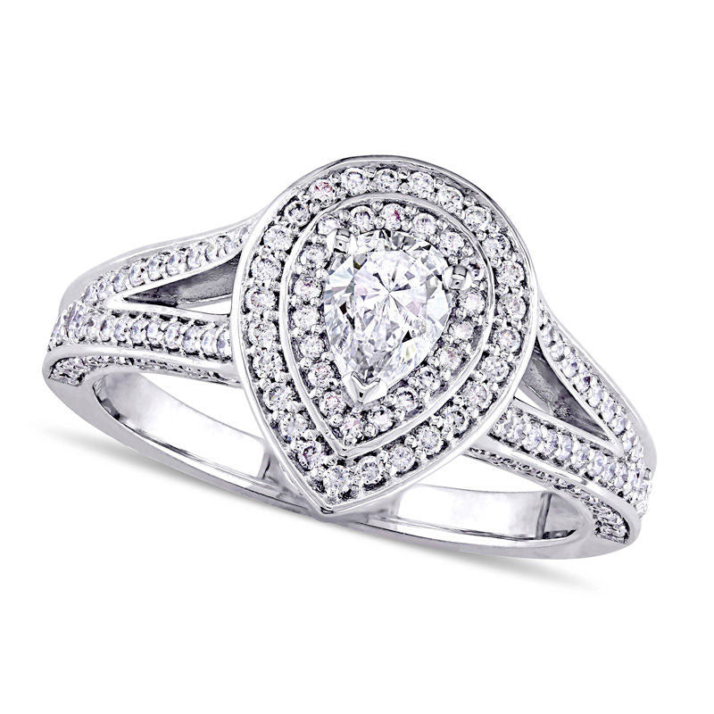 Image of ID 1 10 CT TW Pear-Shaped Natural Diamond Double Frame Engagement Ring in Solid 14K White Gold