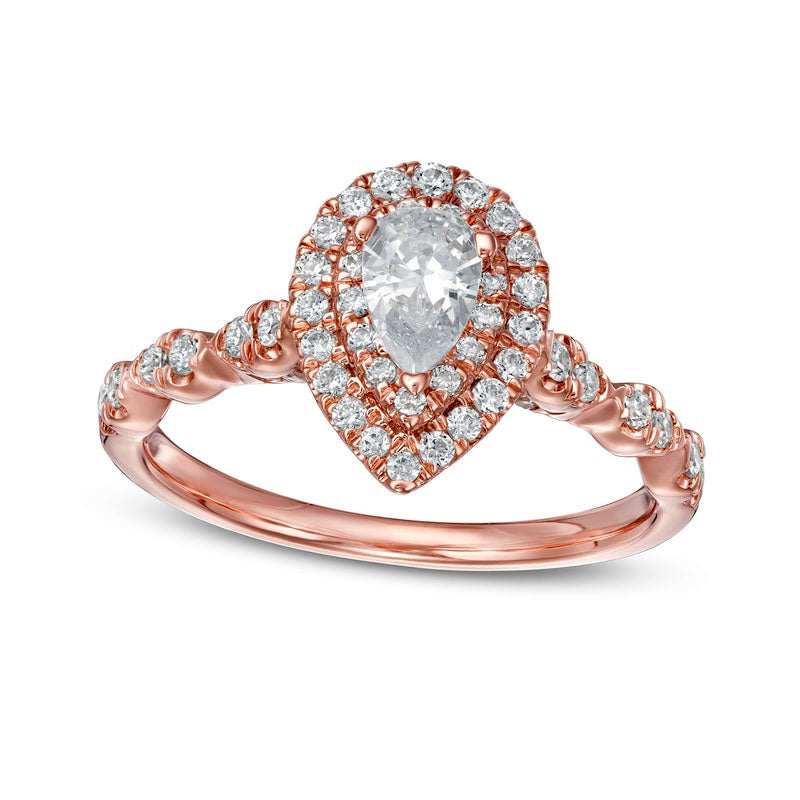 Image of ID 1 10 CT TW Pear-Shaped Natural Diamond Double Frame Scallop Shank Engagement Ring in Solid 10K Rose Gold