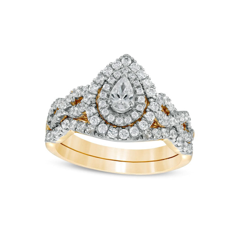 Image of ID 1 10 CT TW Pear-Shaped Natural Diamond Double Frame Twist Shank Bridal Engagement Ring Set in Solid 14K Gold
