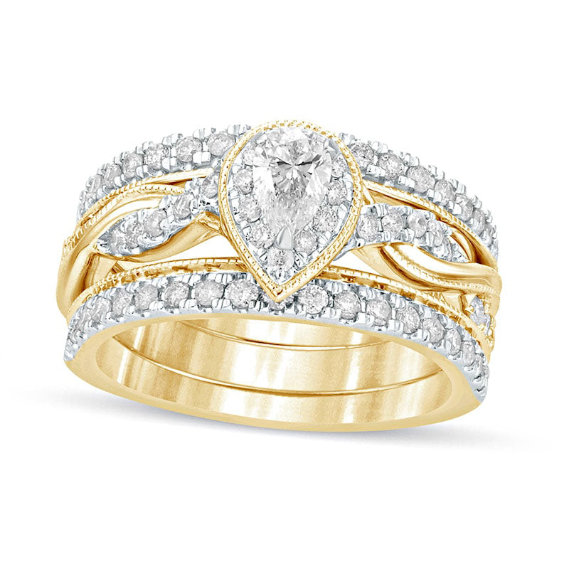 Image of ID 1 10 CT TW Pear-Shaped Natural Diamond Frame Twist Shank Antique Vintage-Style Bridal Engagement Ring Set in Solid 14K Gold