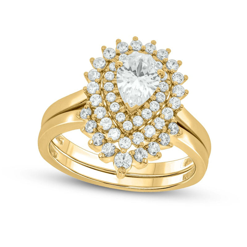 Image of ID 1 10 CT TW Pear-Shaped Natural Diamond Sunburst Contour Bridal Engagement Ring Set in Solid 14K Gold (I/I2)